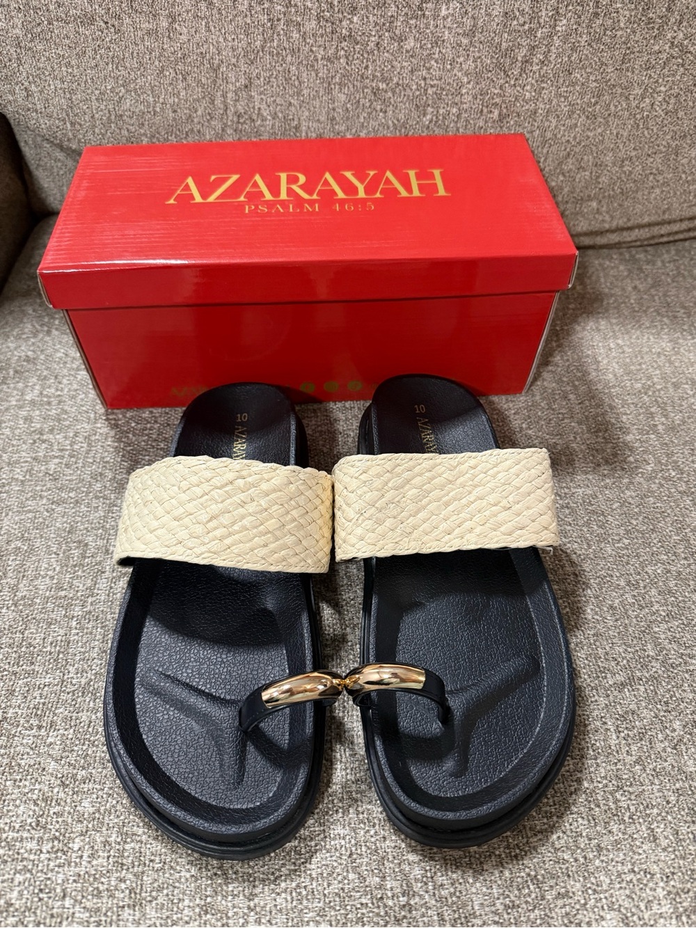 Azarayah Beige & Black Woven Toe-Ring Slide Sandals